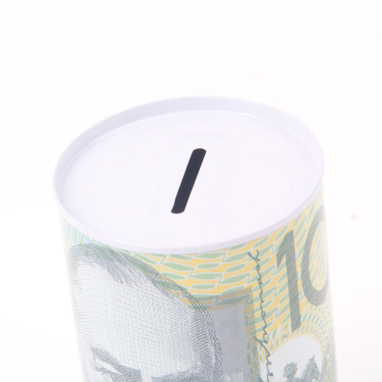 M-Cylindrical Printed Australian Dollar Tinplate Savings Jar