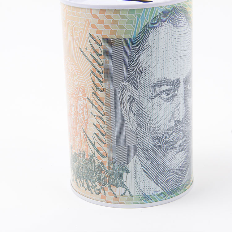 M-Cylindrical Printed Australian Dollar Tinplate Savings Jar