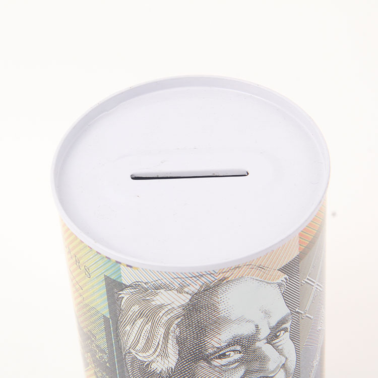M-Cylindrical Printed Australian Dollar Tinplate Savings Jar 1