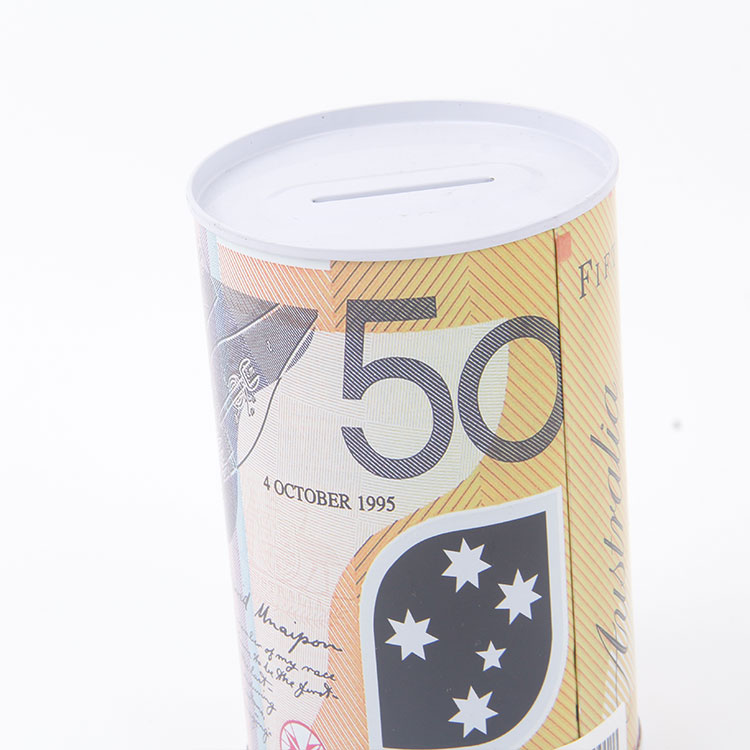 M-Cylindrical Printed Australian Dollar Tinplate Savings Jar 1