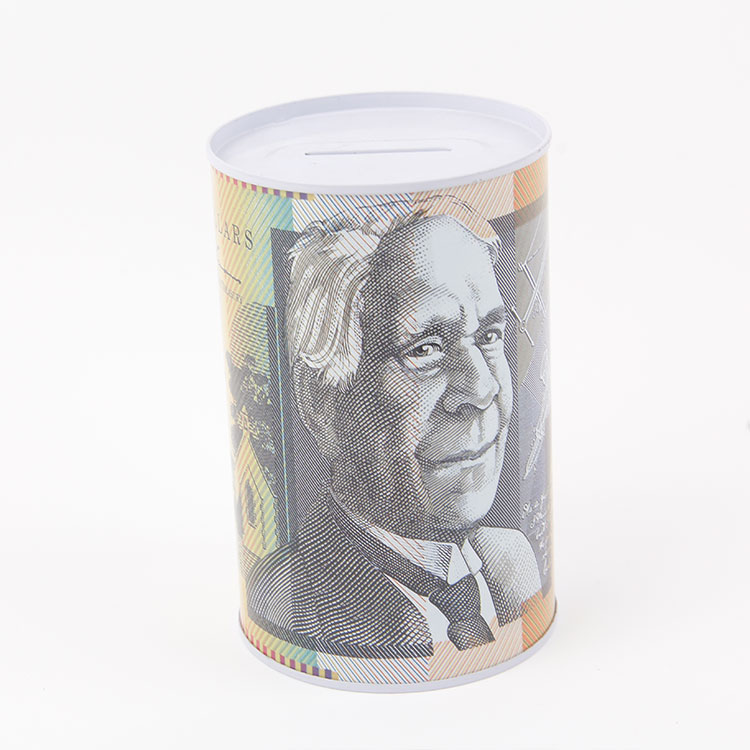 M-Cylindrical Printed Australian Dollar Tinplate Savings Jar 1