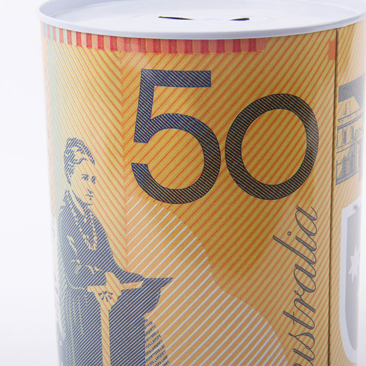 M-Cylindrical Tinplate Savings Tin With Australian Currency