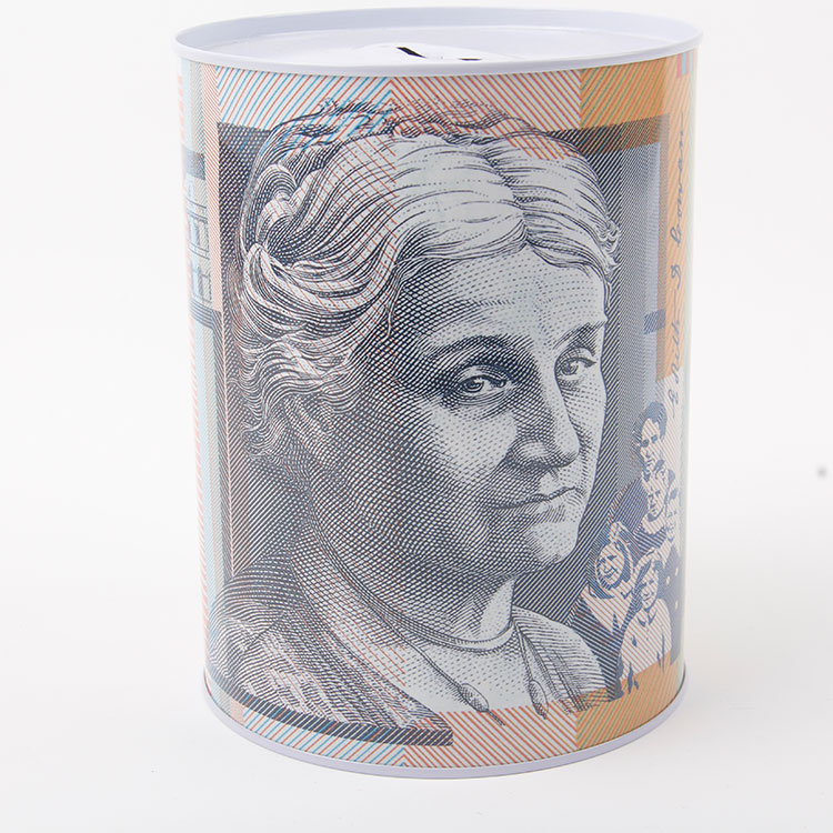 M-Cylindrical Tinplate Savings Tin With Australian Currency