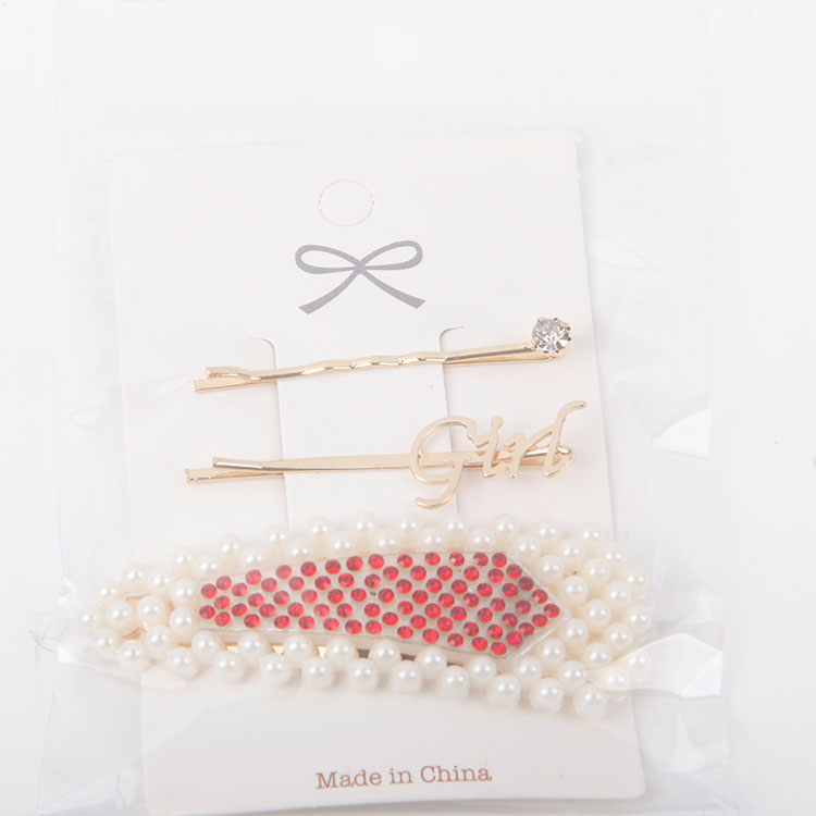 P-2PC Diamonds With Lettering Clip + 1PC Pointed Beaded Hair Clip