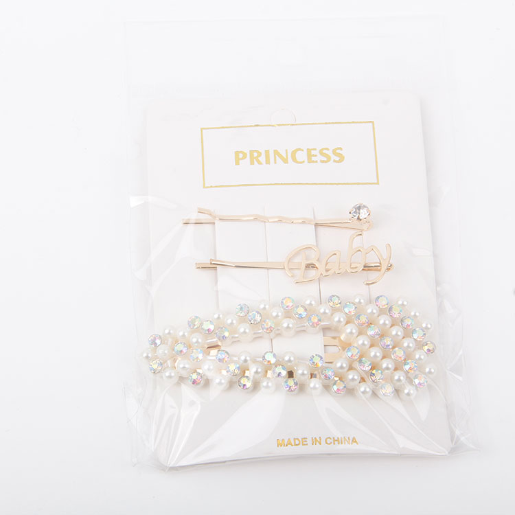 P-2PC Diamonds with Lettering Clip + 1PC Pointed Beaded Diamonds Hair Clip