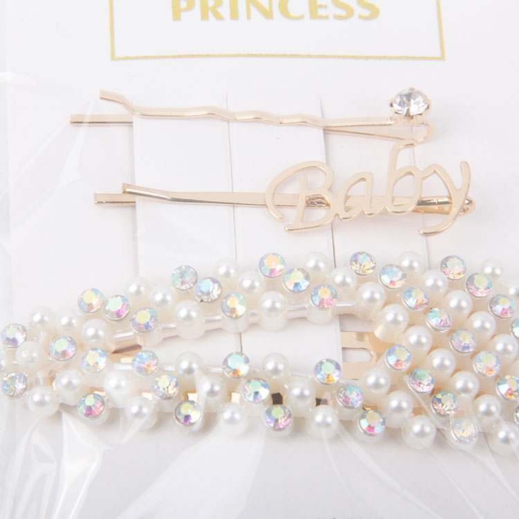 P-2PC Diamonds with Lettering Clip + 1PC Pointed Beaded Diamonds Hair Clip