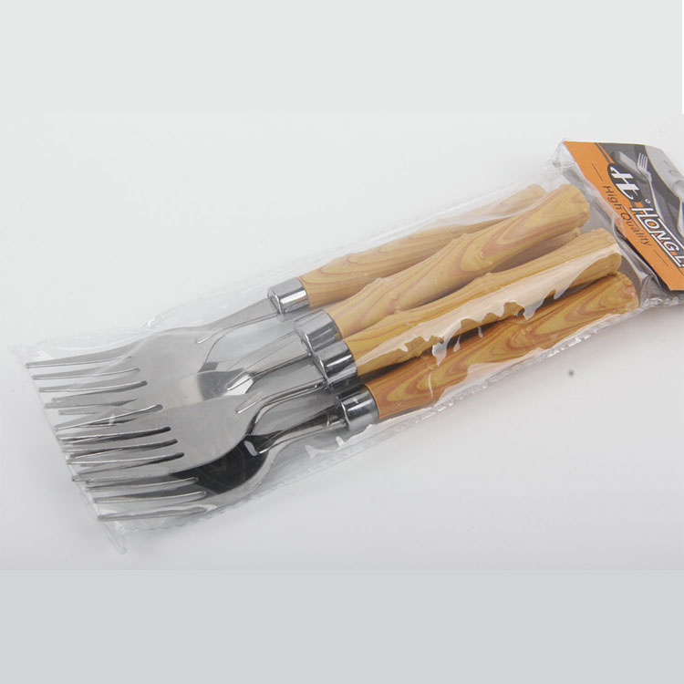 A-6PC Faux Bamboo Wood Grain Plastic Handle 410 Stainless Steel Dinner Fork