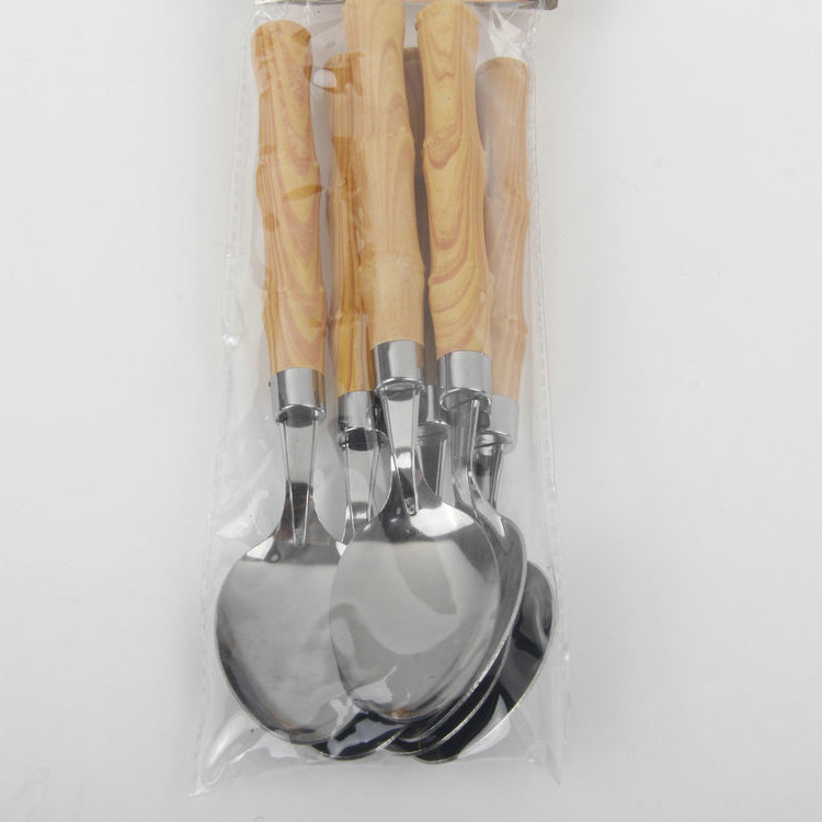 A-6PC Faux Bamboo Wood Grain Plastic Handle 410 Stainless Steel Serving Spoon