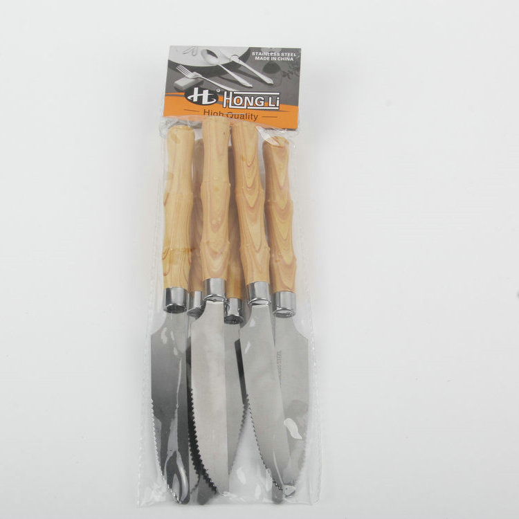 A-6PC Imitation Bamboo Wood Grain Plastic Handle 410 Stainless Steel Knife