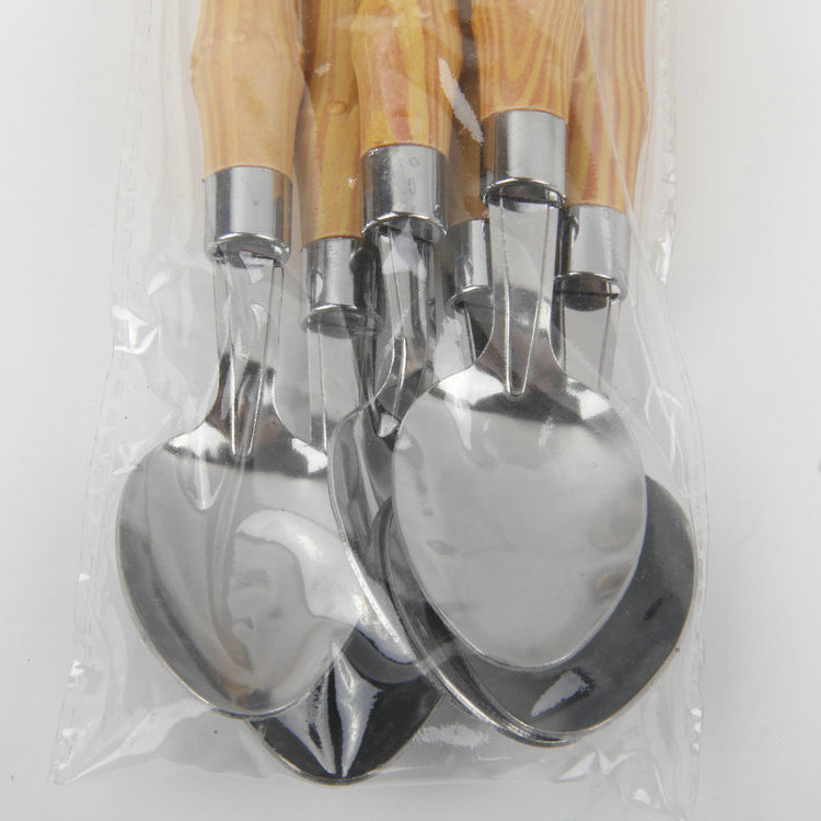 A-6PC Small Faux Bamboo Woodgrain Plastic Handle 410 Stainless Steel Spoon