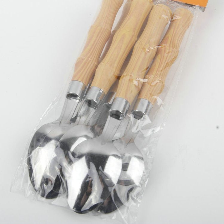 A-6PC Small Faux Bamboo Woodgrain Plastic Handle 410 Stainless Steel Spoon