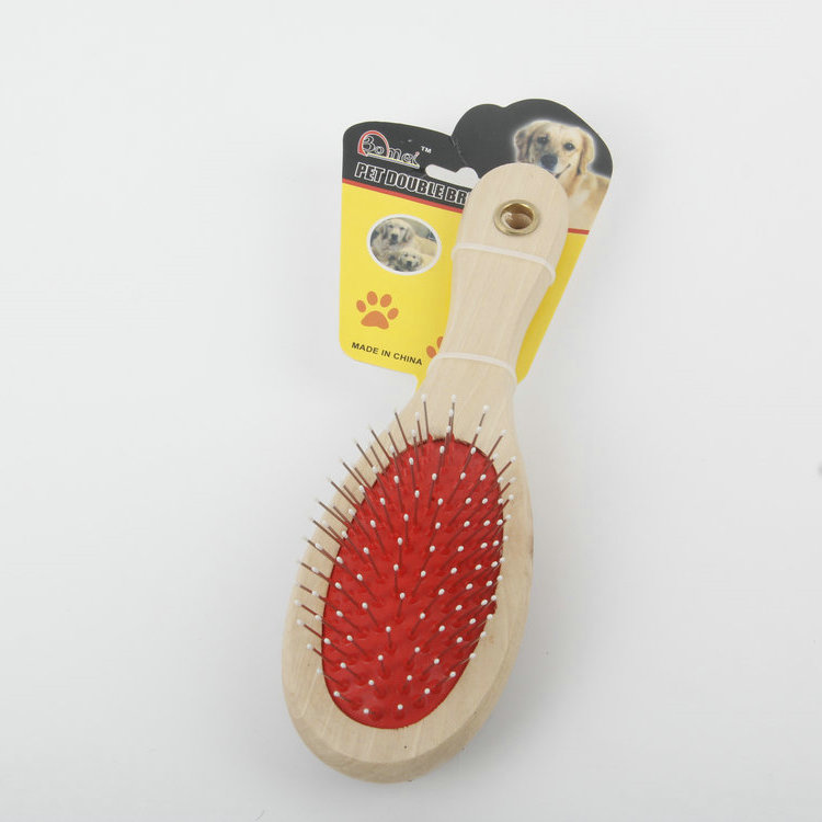 S-Double-Sided Pet Brush Pet Comb With Wooden Handle Oval Plastic Steel Needle