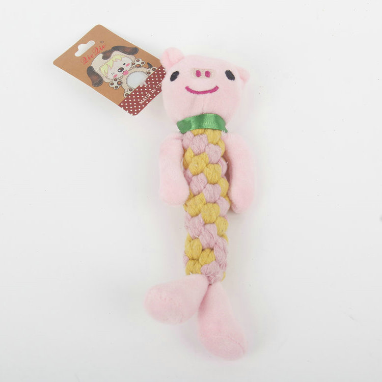 S-Plus Plush Head + Two-Color Braided Rope Body Piggy-Shaped Pet Toy 1