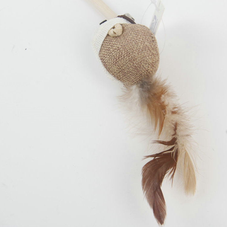 S-Wooden Cat Stick With Bell Tail Feather Mouse Pendant