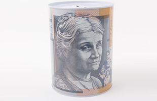 M-Cylindrical Tinplate Savings Tin With Australian Currency