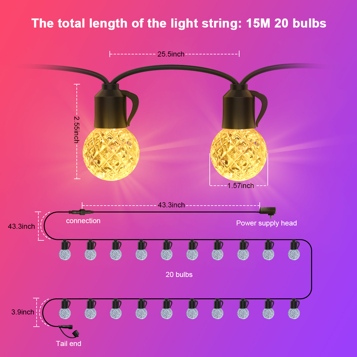 LED Light String, Warm White 15 Meters with 20 Heads.