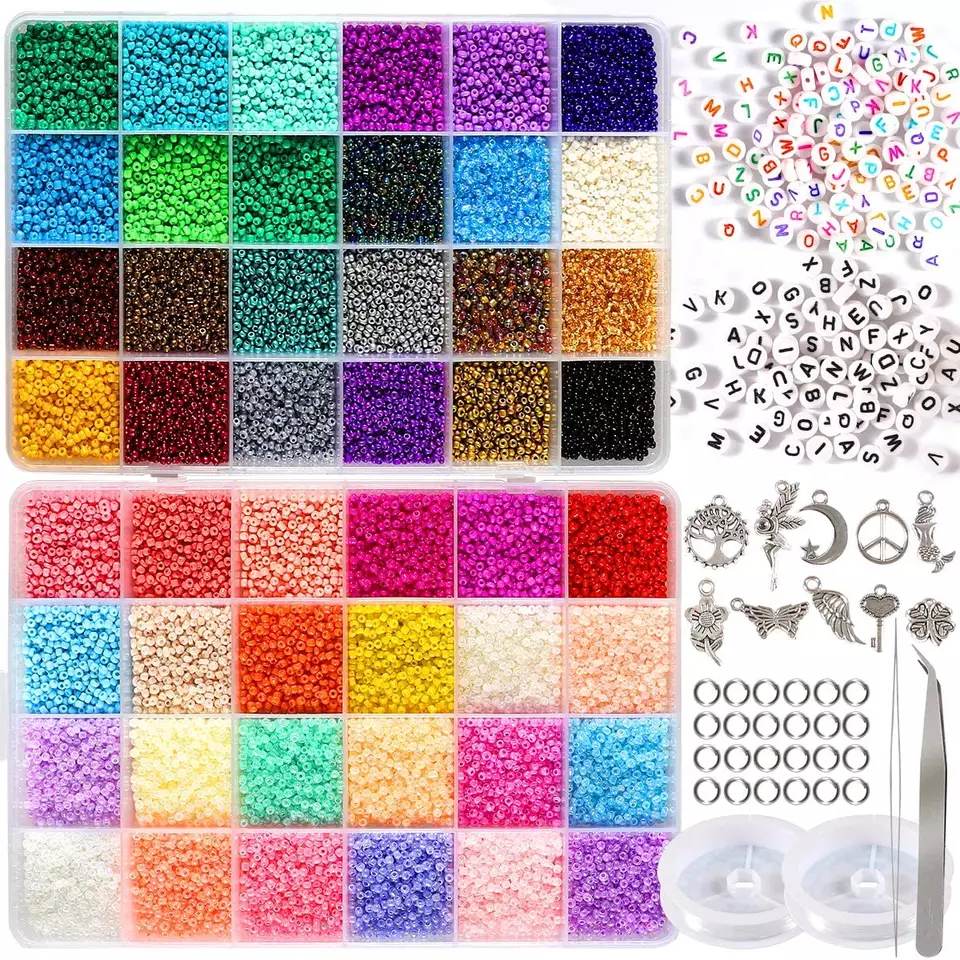 48000pcs of tiny spacer glass beads set with metal charms DIY accessory for kids DIY beginner jewelry making kit