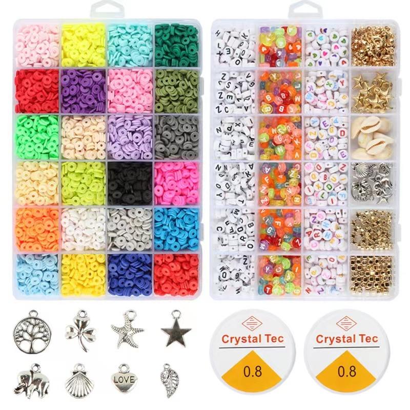 6000 Pcs Polymer Clay Beads for Bracelets Making 24 Colors 6 mm Heishi Beads with Pendant Charms DIY with Gift Box