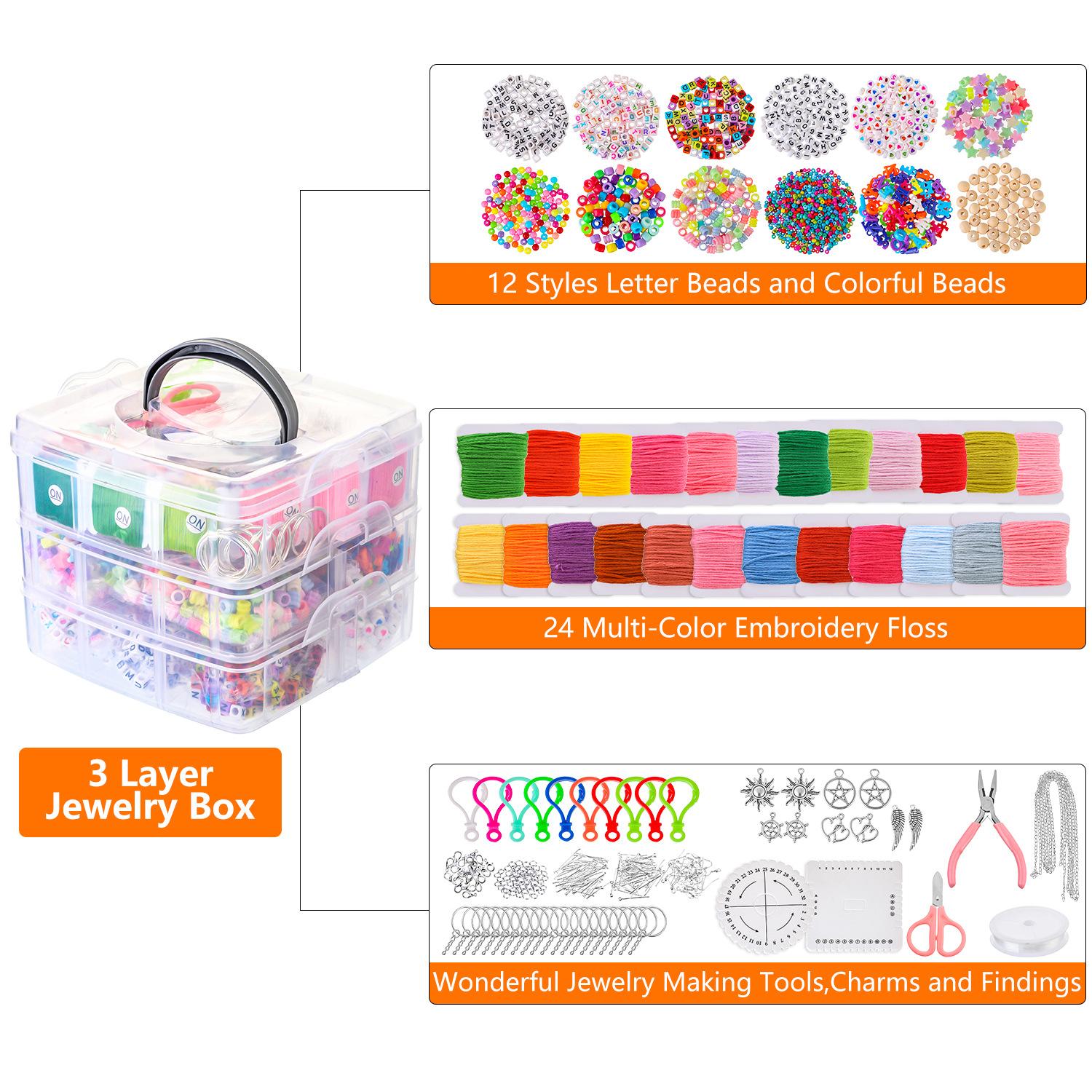 Hot Sale DIY 3 Layers Jewelry Making Kit with Tools Findings Alphabet Beads for Early Childhood Education