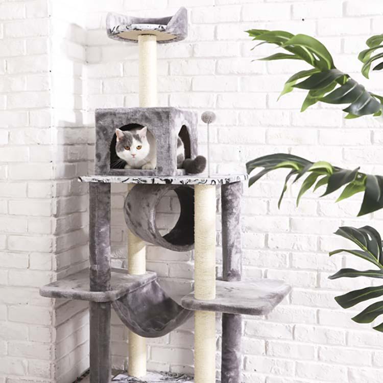 Pet Cat Product Tall Modern Wood Gray Floor To Ceiling Multi-level Cat Tower Wood Cat Tree