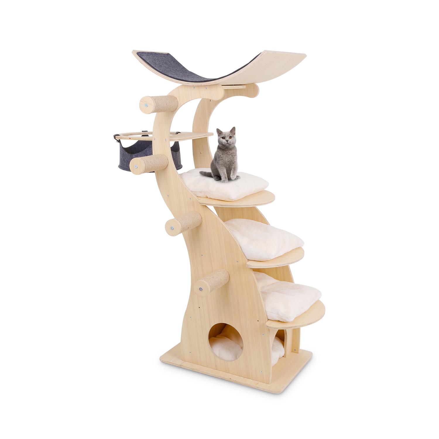 Multi-level Platform Wooden Cat Scratching Tree Natural Cat Tree With Hammock luxury cat tower