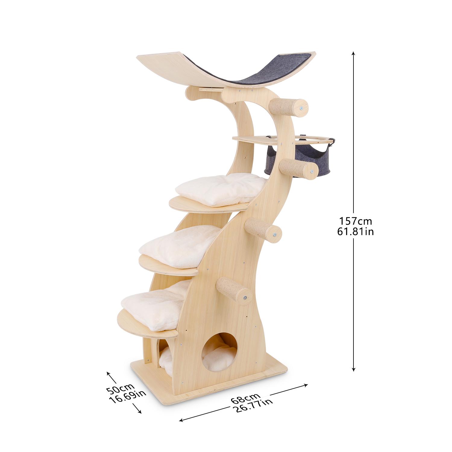 Multi-level Platform Wooden Cat Scratching Tree Natural Cat Tree With Hammock luxury cat tower