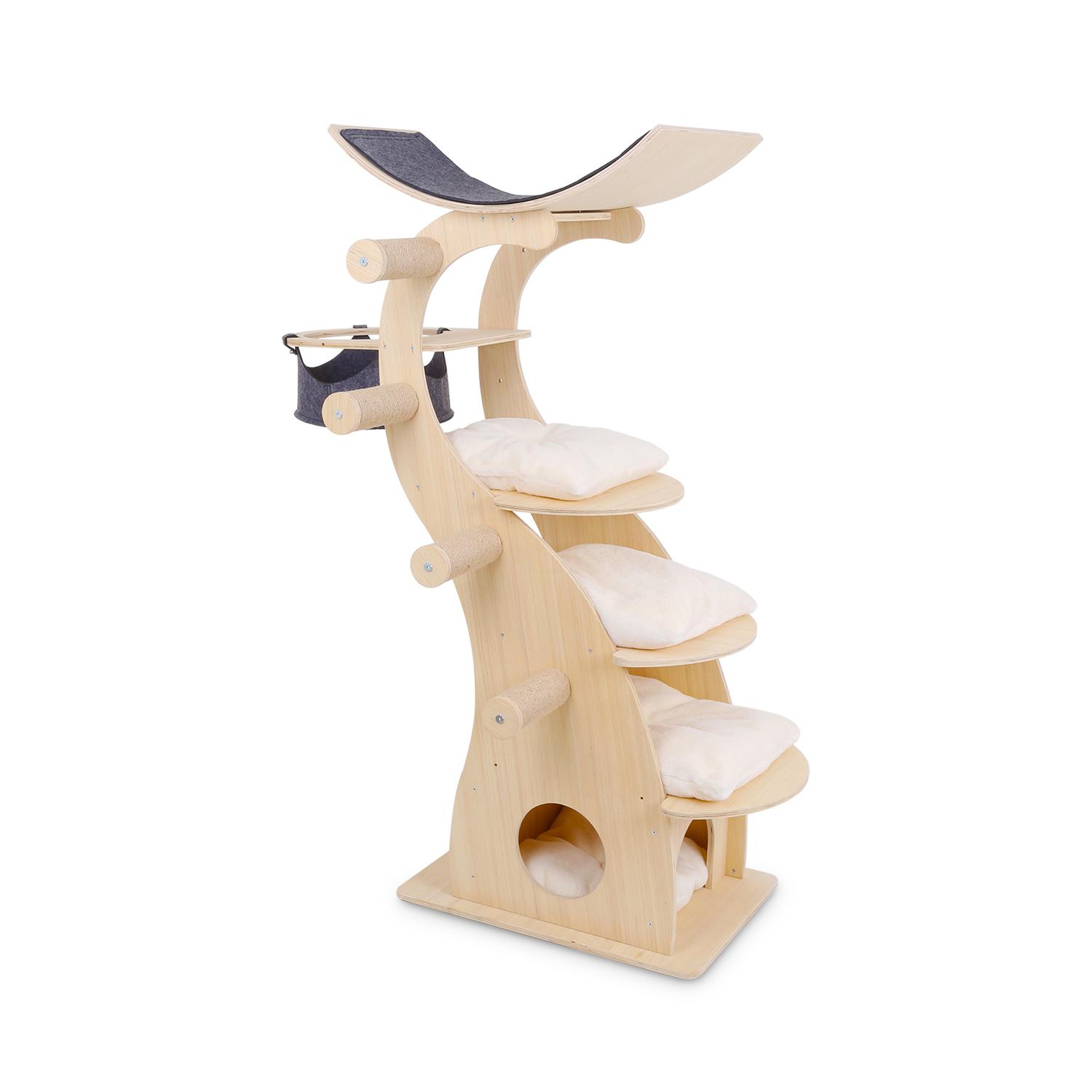 Multi-level Platform Wooden Cat Scratching Tree Natural Cat Tree With Hammock luxury cat tower