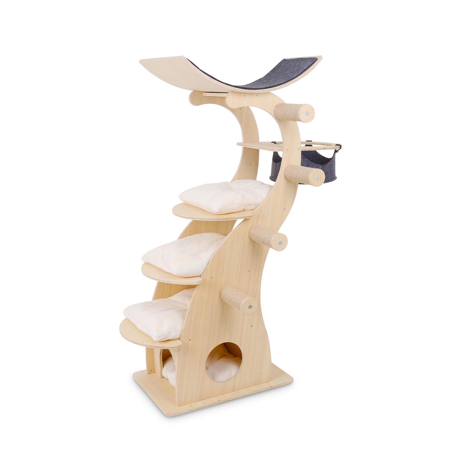 Multi-level Platform Wooden Cat Scratching Tree Natural Cat Tree With Hammock luxury cat tower