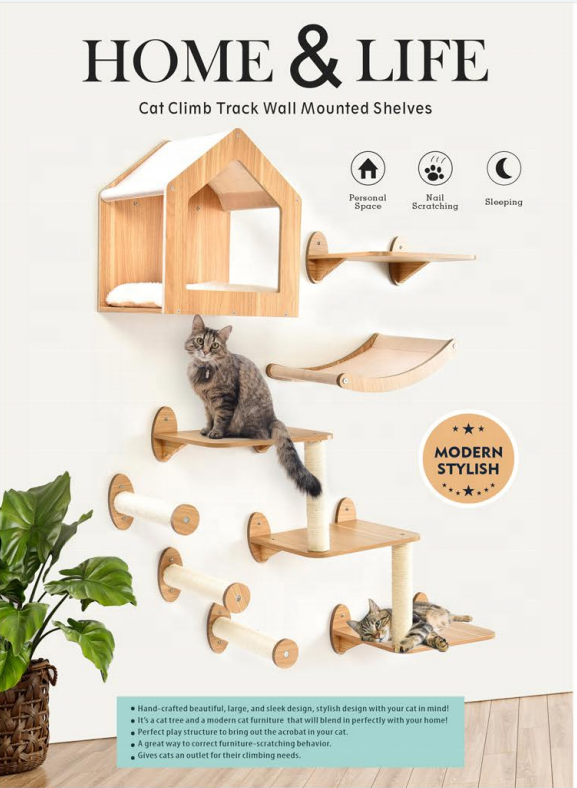 7pcs Modern Cat Furniture Tree Frame Solid Wood Cat Climb Track Wall Mounted Shelves