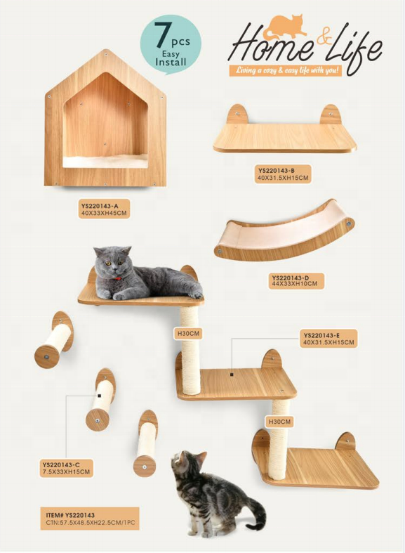 7pcs Modern Cat Furniture Tree Frame Solid Wood Cat Climb Track Wall Mounted Shelves