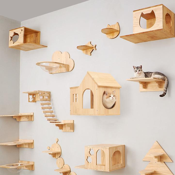 Wholesale High Quality Solid Wood Wall Mounted Cat Scratcher Shelf Cat Hammock Wall Mounted Cat Tree Wall Climbing Frame