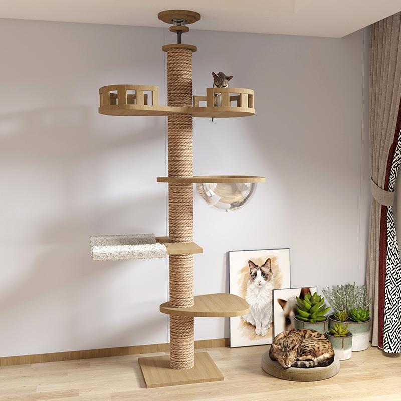 Solid Wood Floor-to-ceiling Cat Climbing Frame Space Capsule Jumping Platform Cat Tree Condo Furniture Scratch Post Pet House