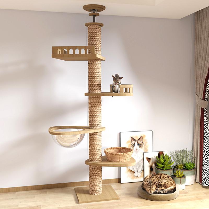 Solid Wood Floor-to-ceiling Cat Climbing Frame Space Capsule Jumping Platform Cat Tree Condo Furniture Scratch Post Pet House