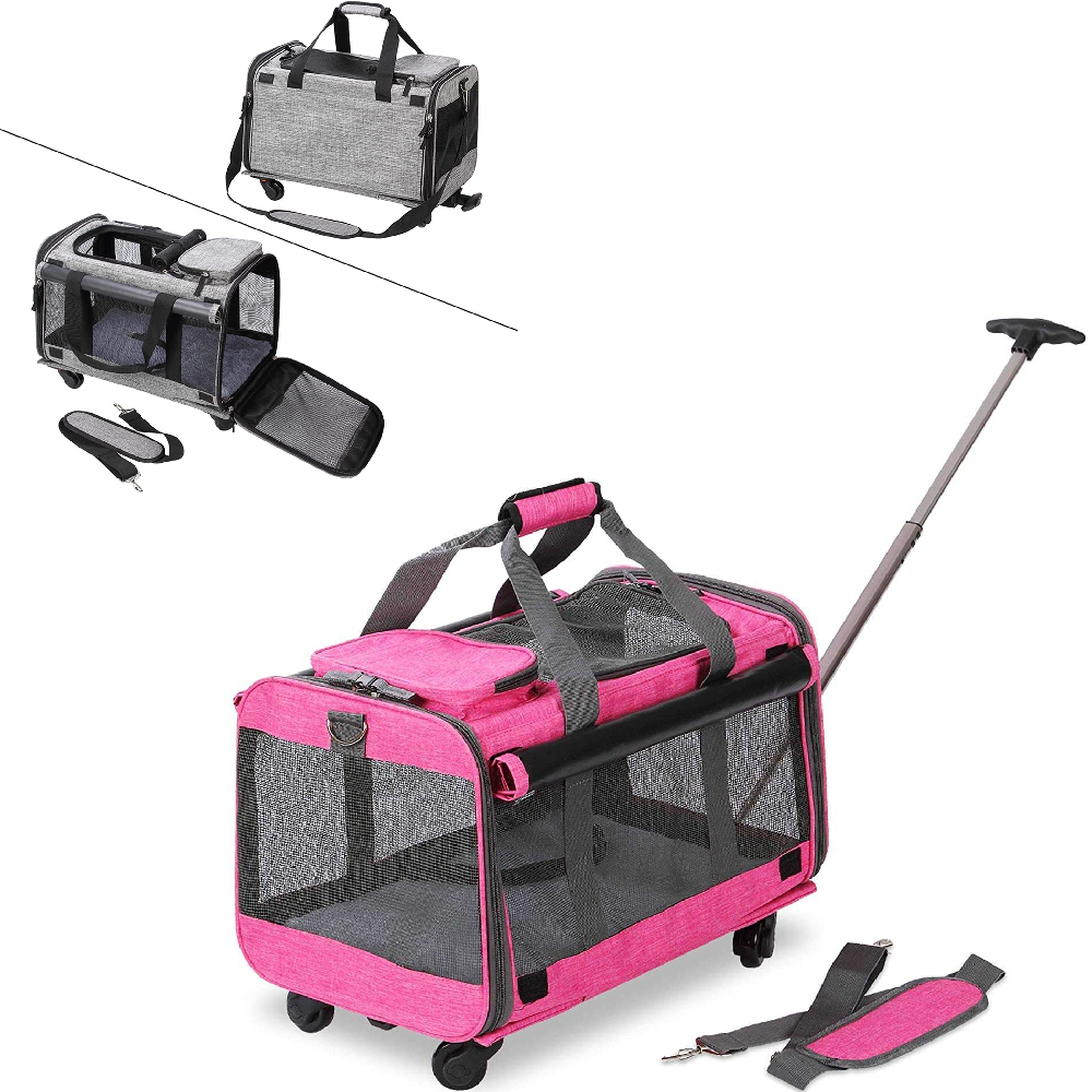 Airline Approved Travel Tote Luggage Soft Sided Pink Cat Dog Pet Carrier With Detachable Wheels For Small And Medium Dogs Cats