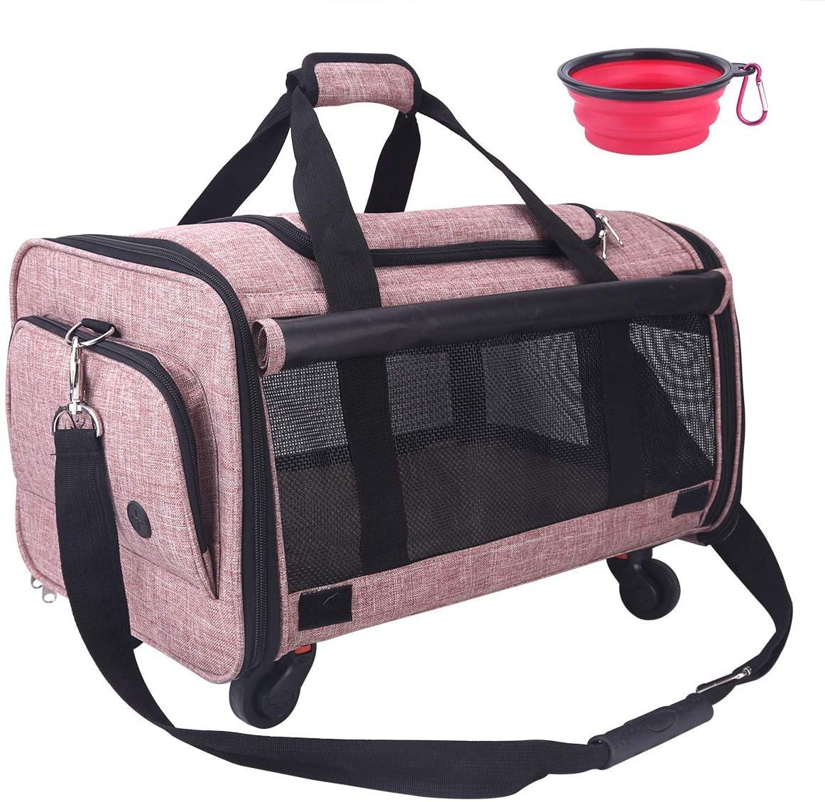 Airline Approved Travel Tote Luggage Soft Sided Pink Cat Dog Pet Carrier With Detachable Wheels For Small And Medium Dogs Cats