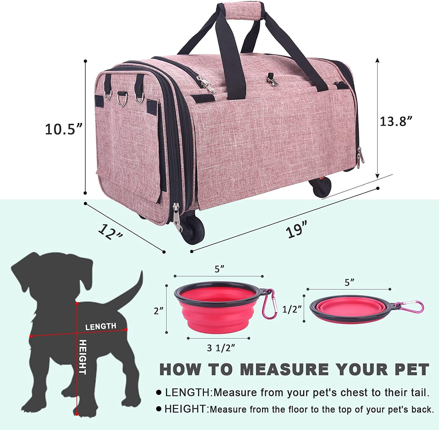 Airline Approved Travel Tote Luggage Soft Sided Pink Cat Dog Pet Carrier With Detachable Wheels For Small And Medium Dogs Cats