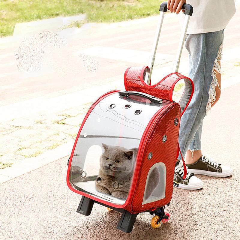 Pet Carriers Pet Pull Rod Bag Portable Transparent PU Double Shoulder Dog Cat travel Carrier Bag Trolley
